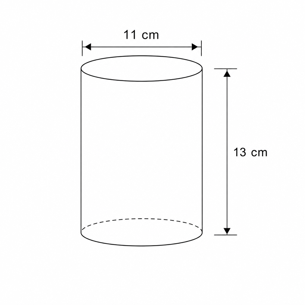 Diagram of a cylinder with diameter 11 cm and height 13 cm.