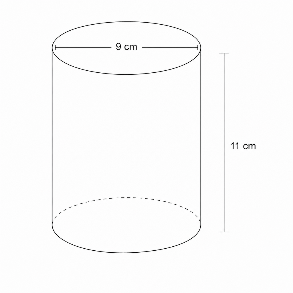 Diagram of a cylinder with diameter 9 cm and height 11 cm.