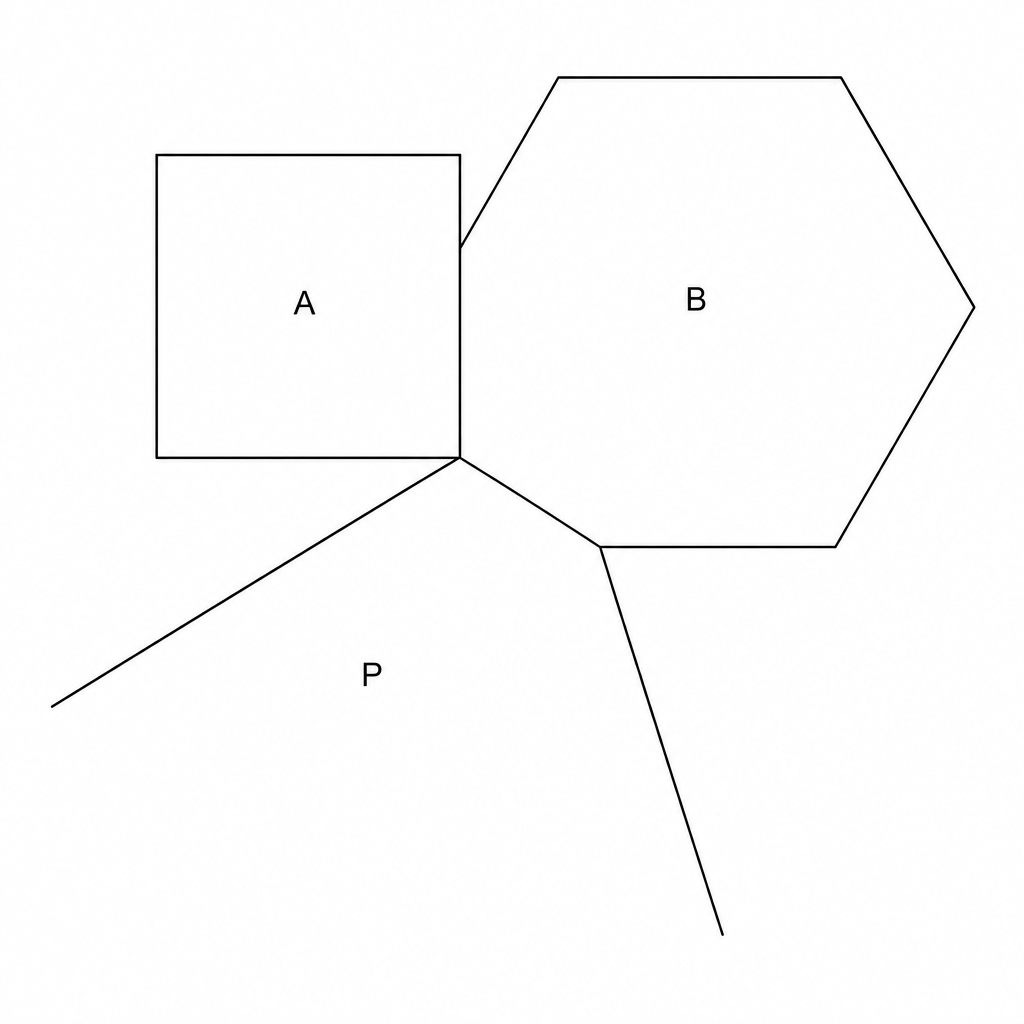 Diagram showing a square A, a regular hexagon B, and part of a regular polygon P meeting at a single point.