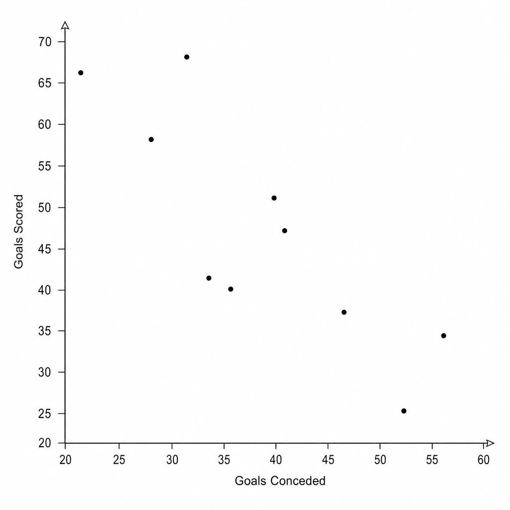 Scatter graph showing Goals Scored vs Goals Conceded for 10 football teams.