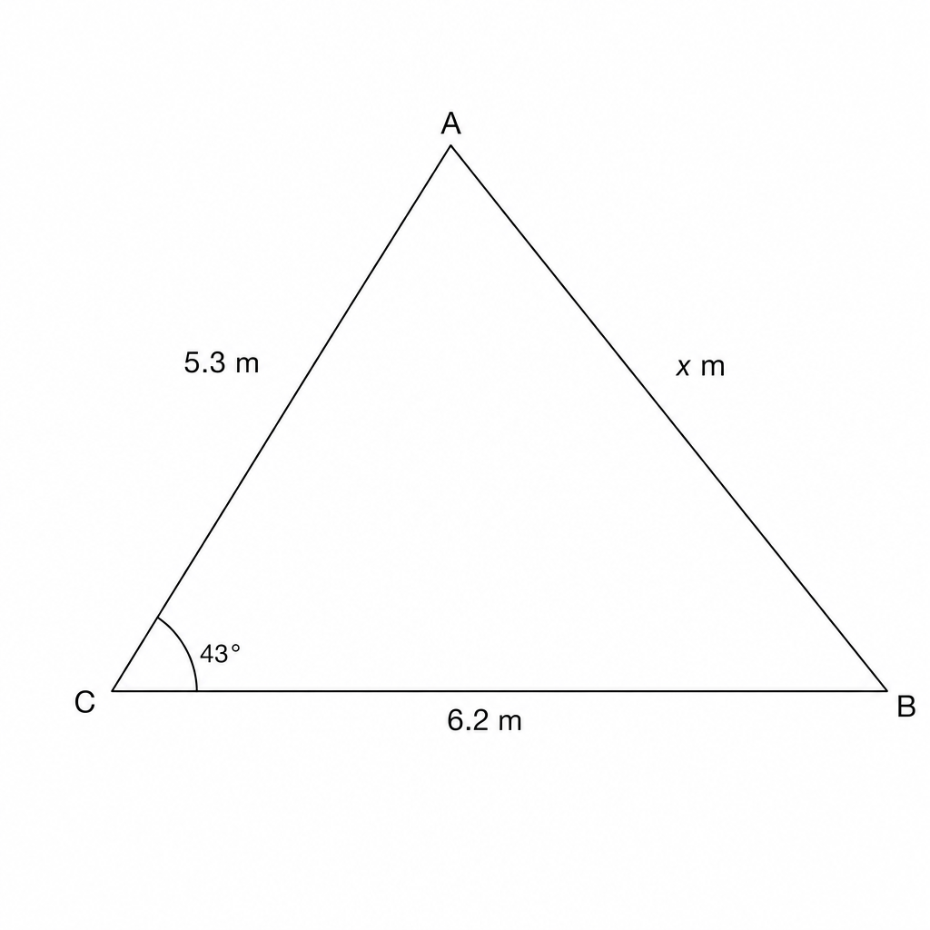 Triangle ABC with side AC = 5.3 m, side BC = 6.2 m, angle C = 43 degrees, and side AB = x m.