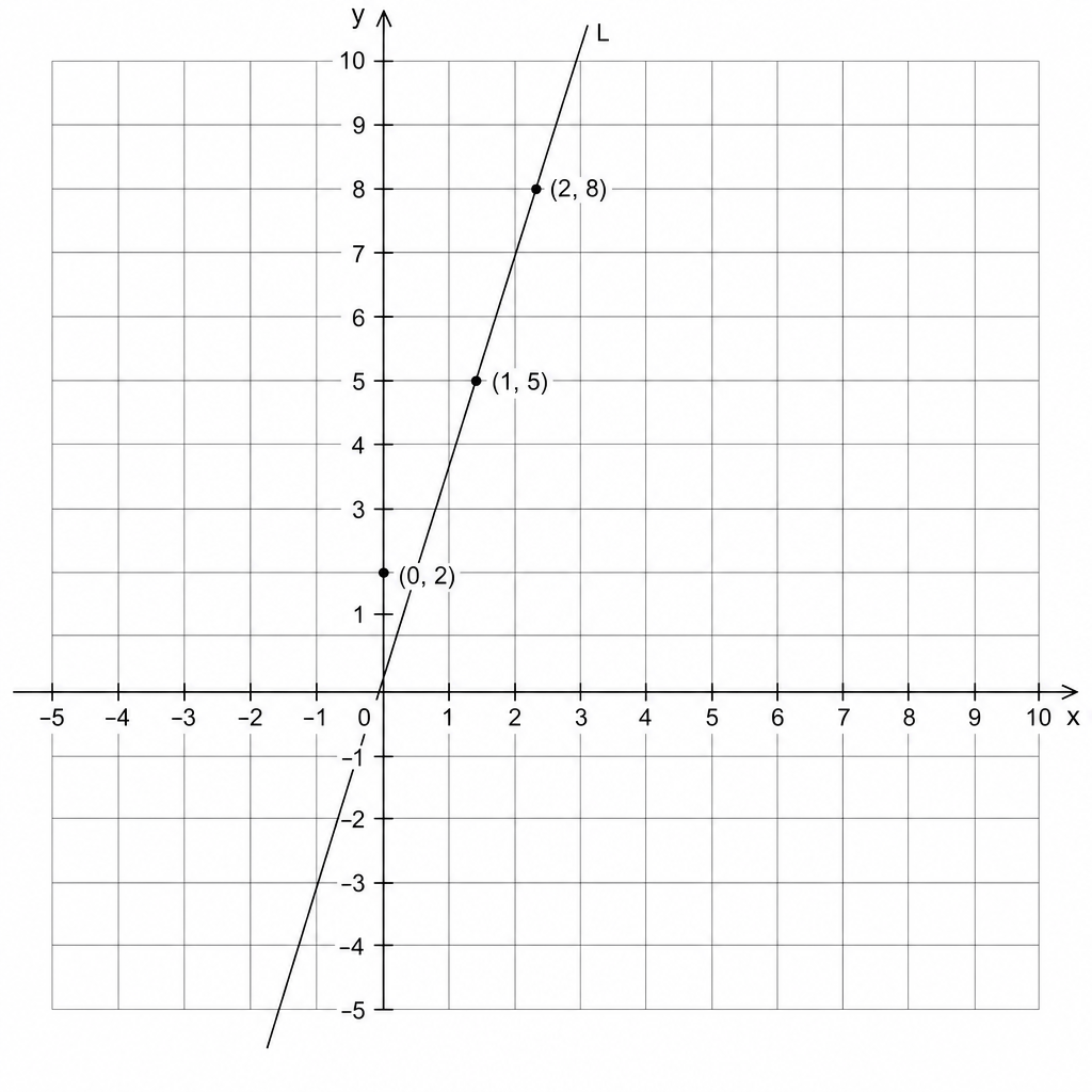 A Cartesian coordinate system with x and y axes ranging from -5 to 10. A line labeled L passes through the points (0, 2), (1, 5), and (2, 8).