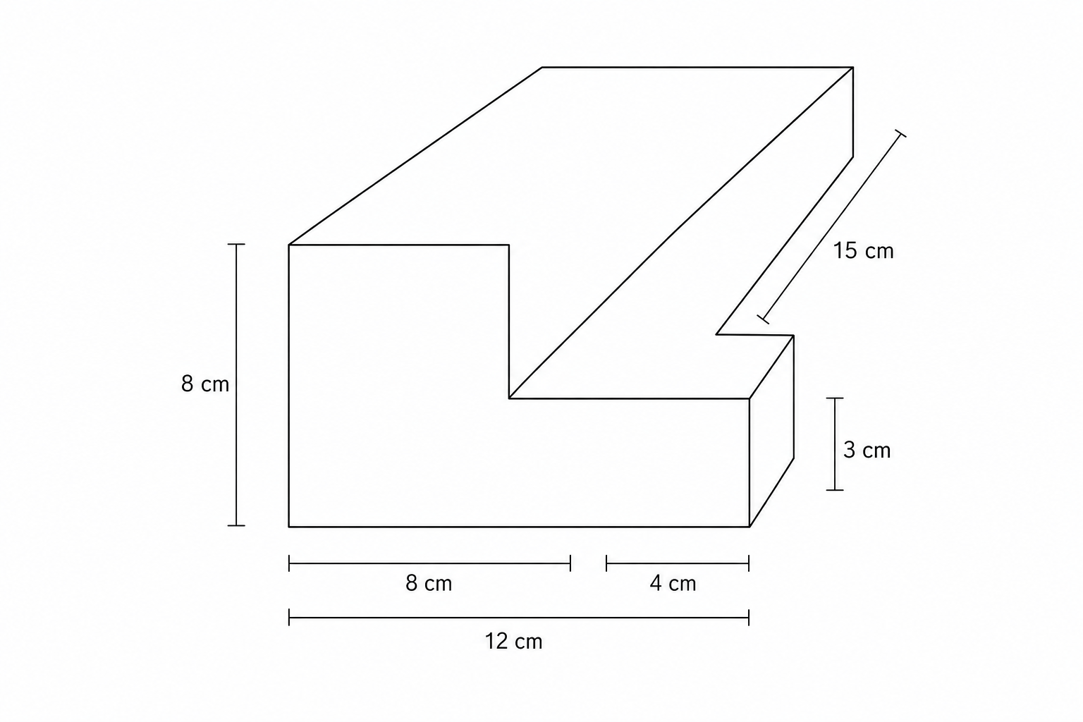 An L-shaped prism. The face has a base of 12 cm and a height of 8 cm. The wider vertical section is 8 cm wide and 8 cm high. The narrower section attached to the right is 4 cm wide and 3 cm high. The prism has a depth of 15 cm.