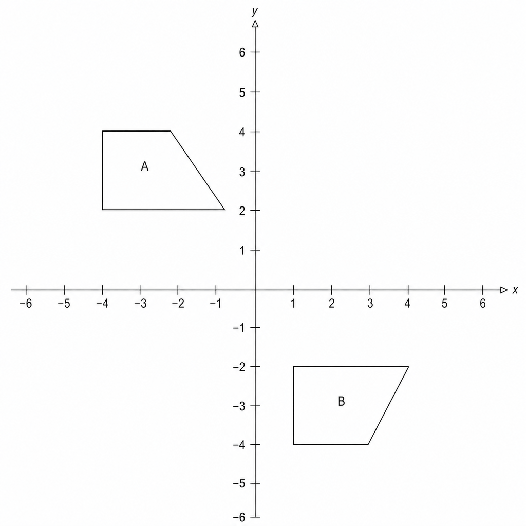 A coordinate plane with x and y axes. Two trapezoids, A and B, are shown.