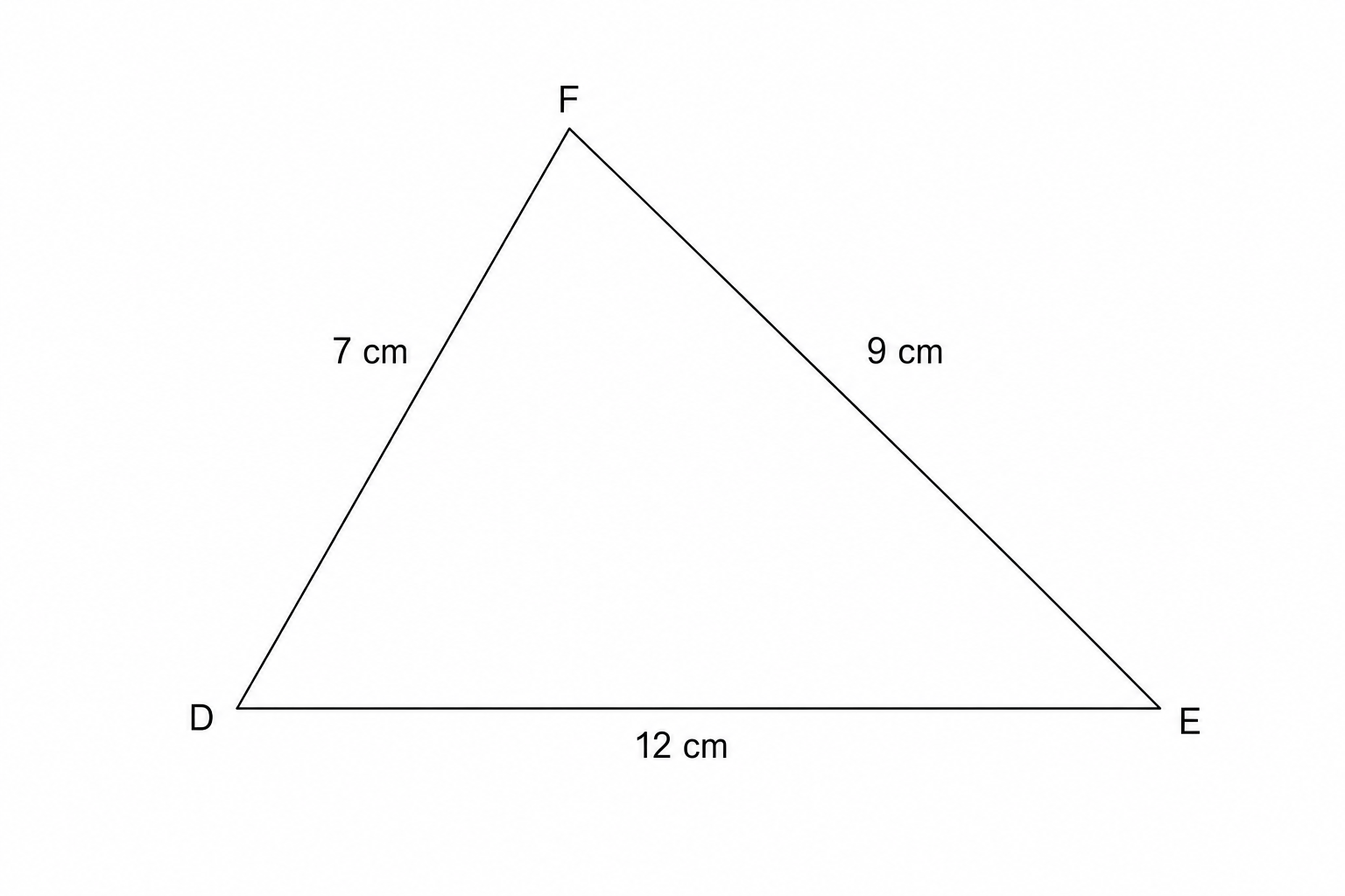 A diagram of triangle DEF. Vertex D is at the bottom left, vertex E is at the bottom right, and vertex F is at the top. The side DE is labeled 12 cm, side EF is labeled 9 cm, and side DF is labeled 7 cm.
