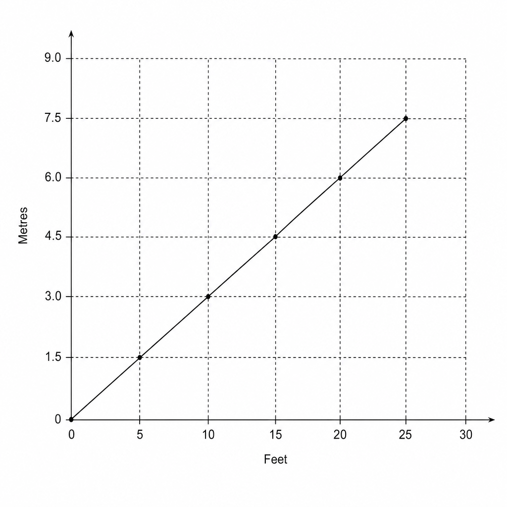 A line graph showing the conversion between feet and metres.