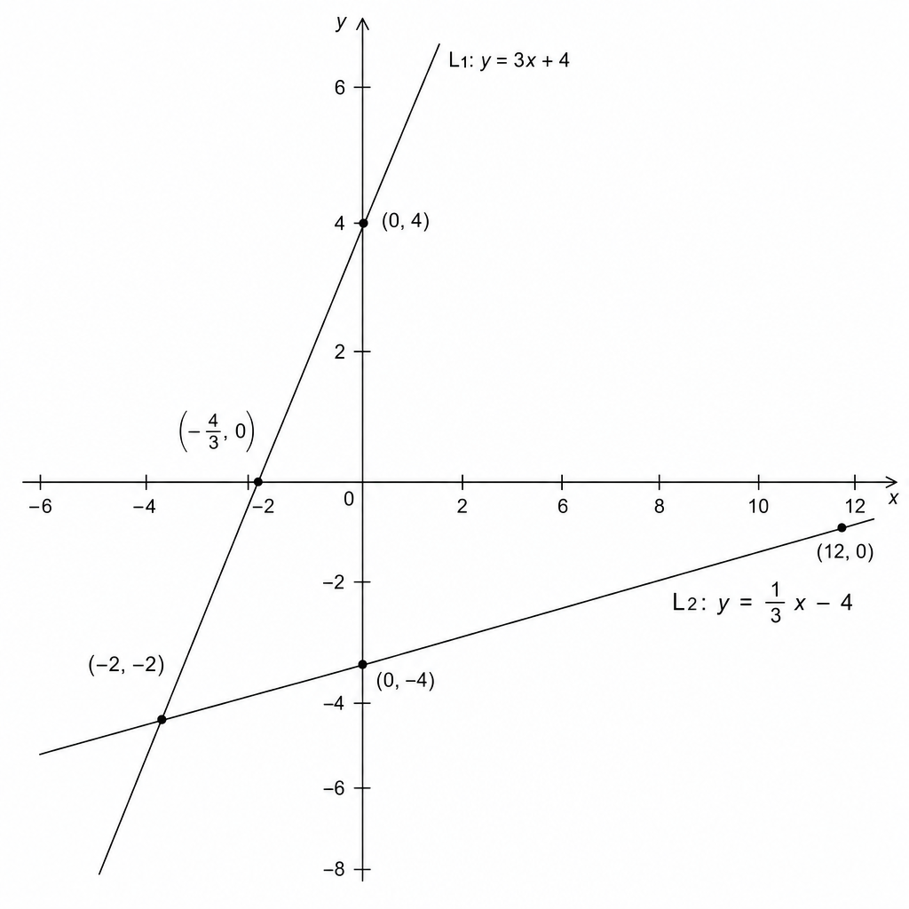 A Cartesian coordinate system showing two straight lines intersecting in the third quadrant. One line has a steep positive slope and the other has a shallow positive slope.