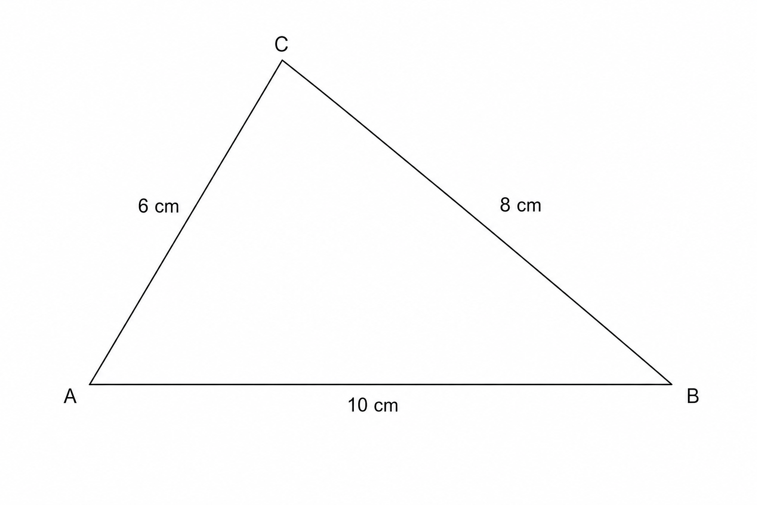 A diagram of triangle ABC. Vertex A is at the bottom left, vertex B is at the bottom right, and vertex C is at the top. The side AB is labeled 10 cm, side BC is labeled 8 cm, and side AC is labeled 6 cm.