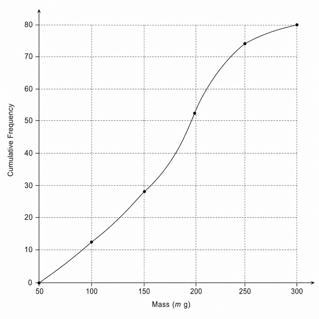 A cumulative frequency graph grid with Mass on the x-axis (50-300) and Cumulative Frequency on the y-axis (0-80).