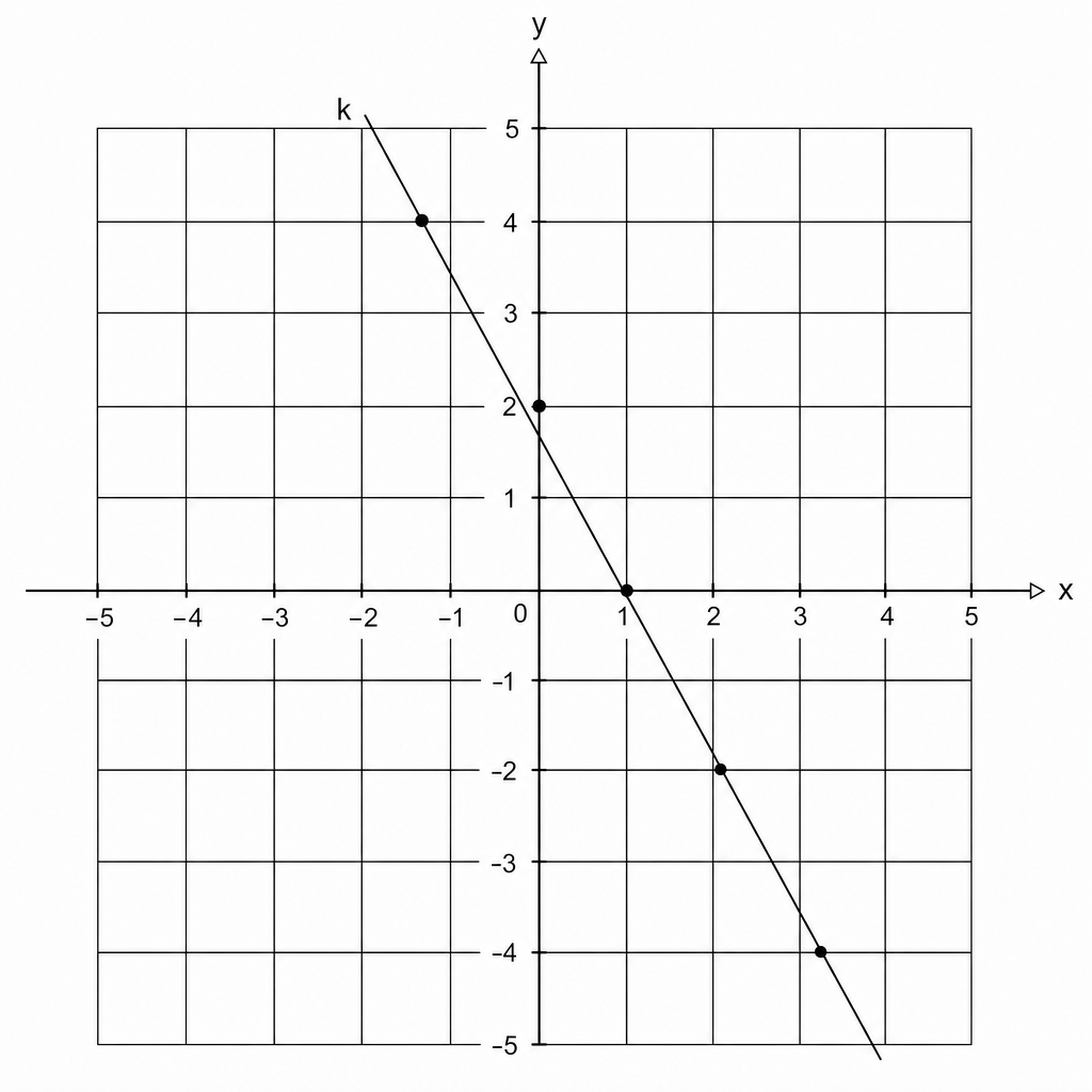 A coordinate grid with x and y axes ranging from -5 to 5. A line labeled k passes through the points (-1, 4), (0, 2), (1, 0), (2, -2), and (3, -4).