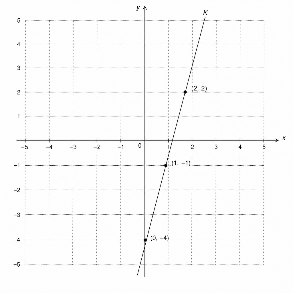 A Cartesian coordinate system with x and y axes ranging from -5 to 5. A line labeled K passes through the points (0, -4), (1, -1), and (2, 2).