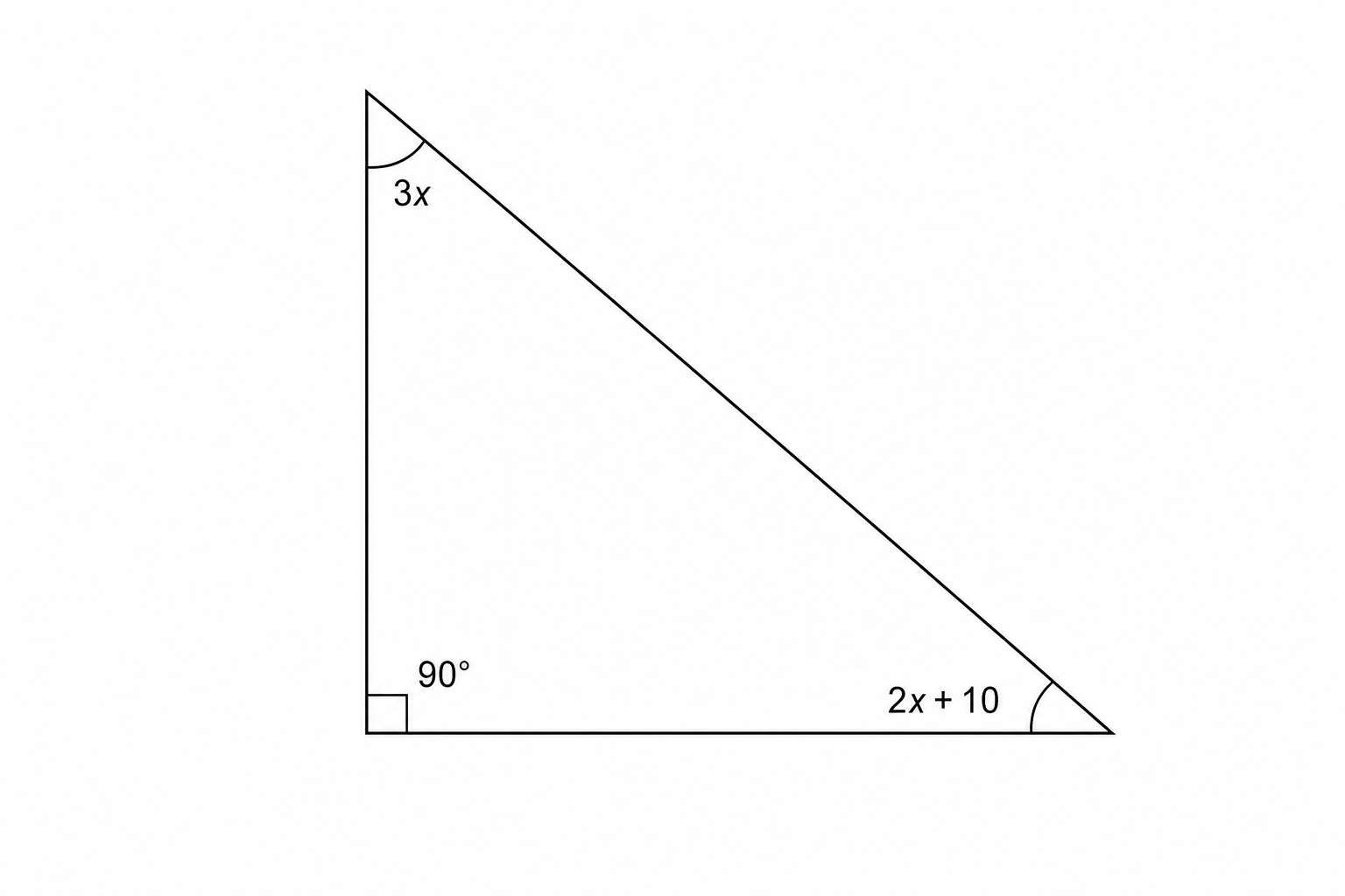 A right-angled triangle with angles 3x, 2x + 10, and 90.