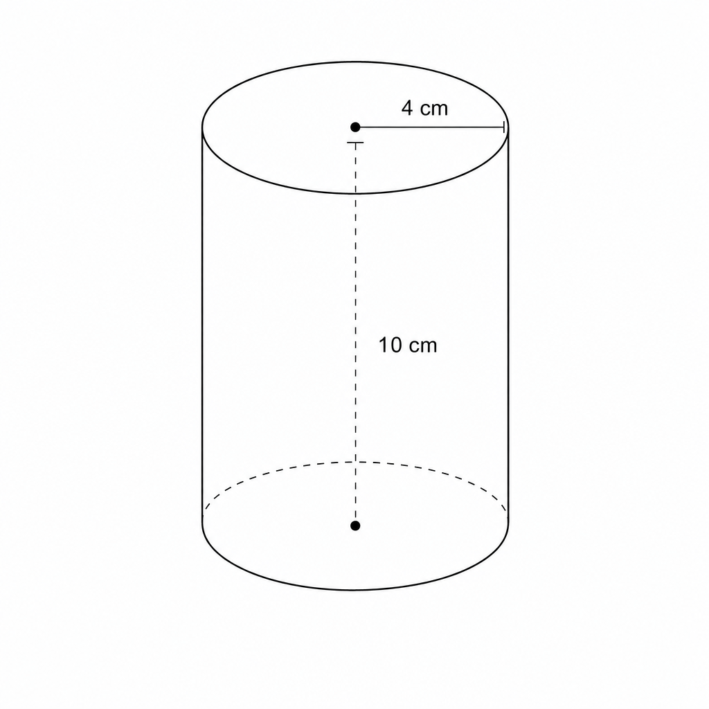 Diagram of a cylinder with radius 4 cm and height 10 cm.
