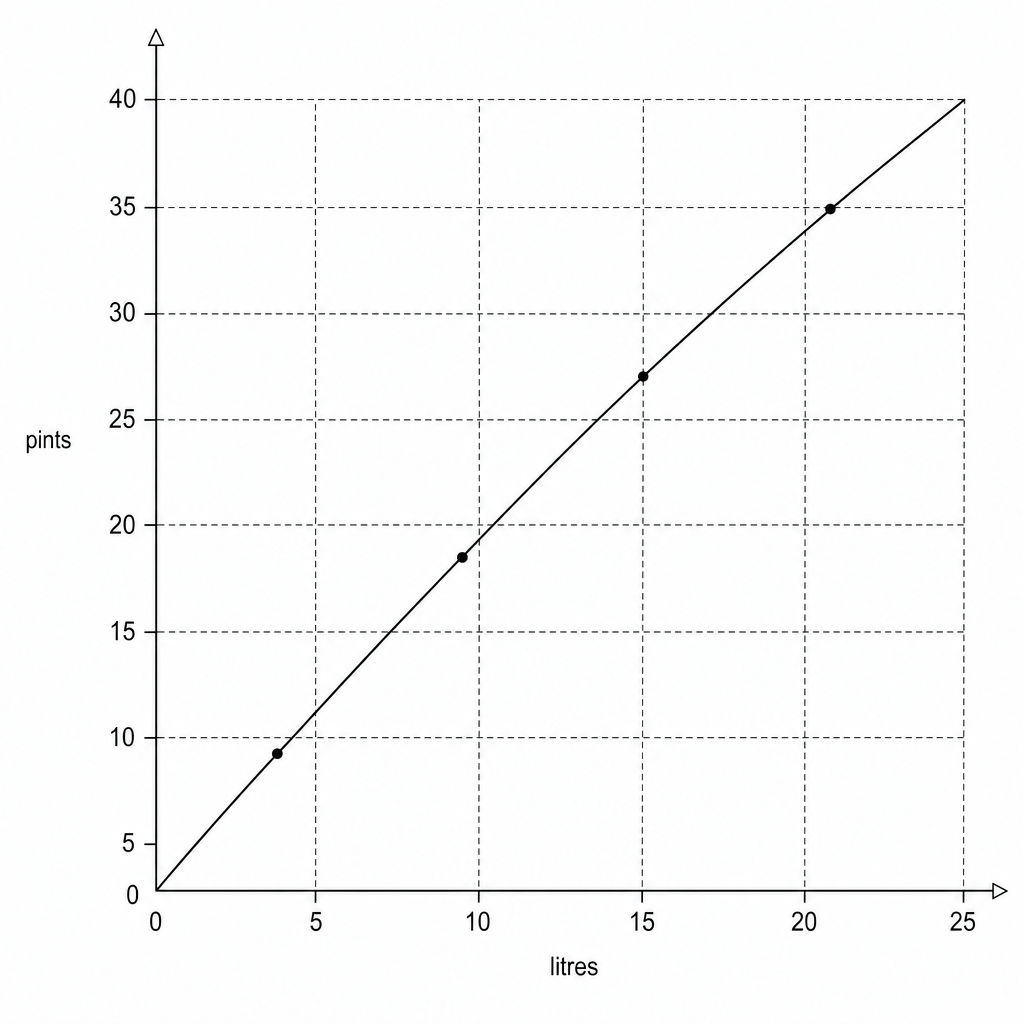 A line graph showing the conversion between litres and pints.