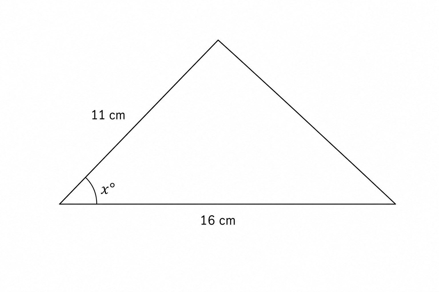 A triangle with a base of 16 cm and a side of 11 cm. The angle between the base and the side is labeled x degrees.
