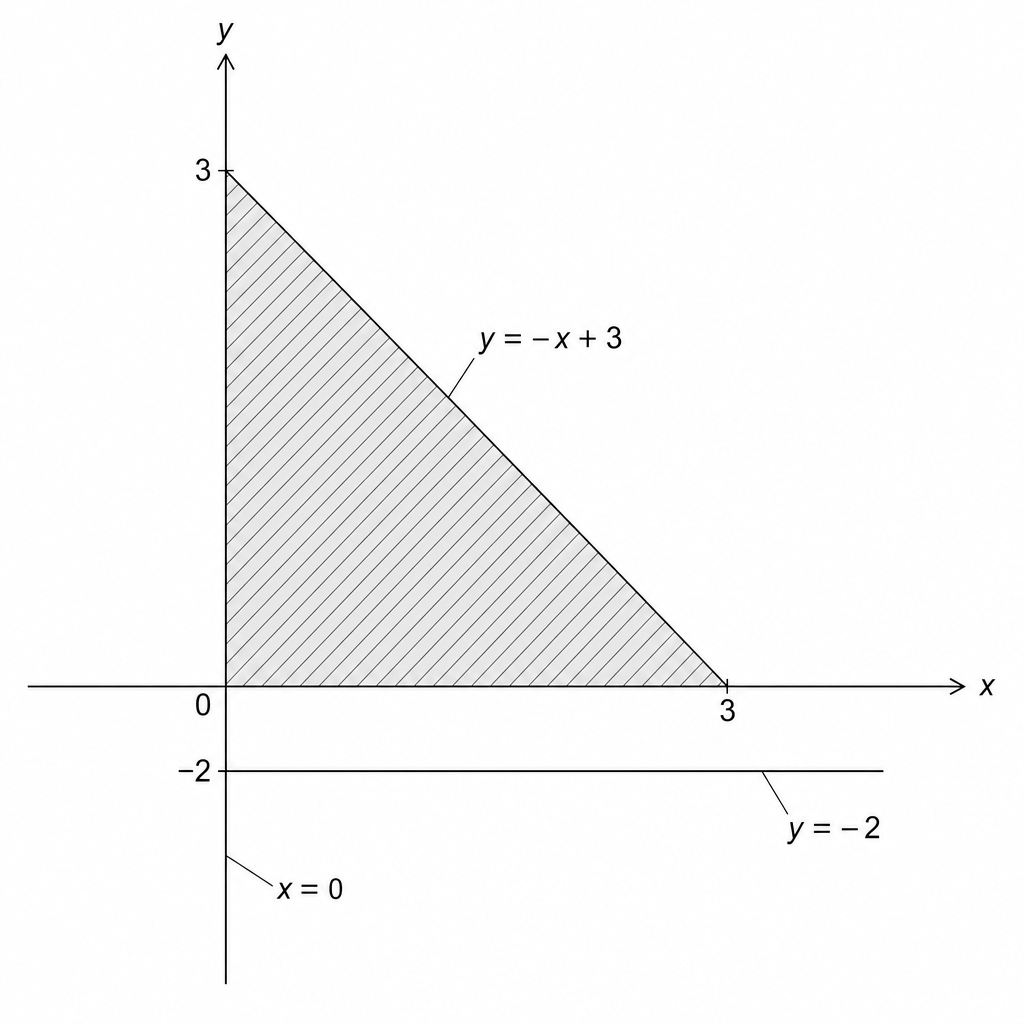 Coordinate plane showing a shaded region bounded by the y-axis, a horizontal line at y = -2, and a line with a negative gradient and a positive y-intercept.