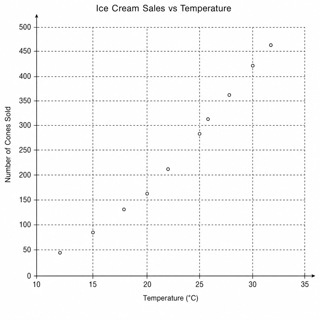 Scatter graph showing Temperature (x-axis) and Cones Sold (y-axis).