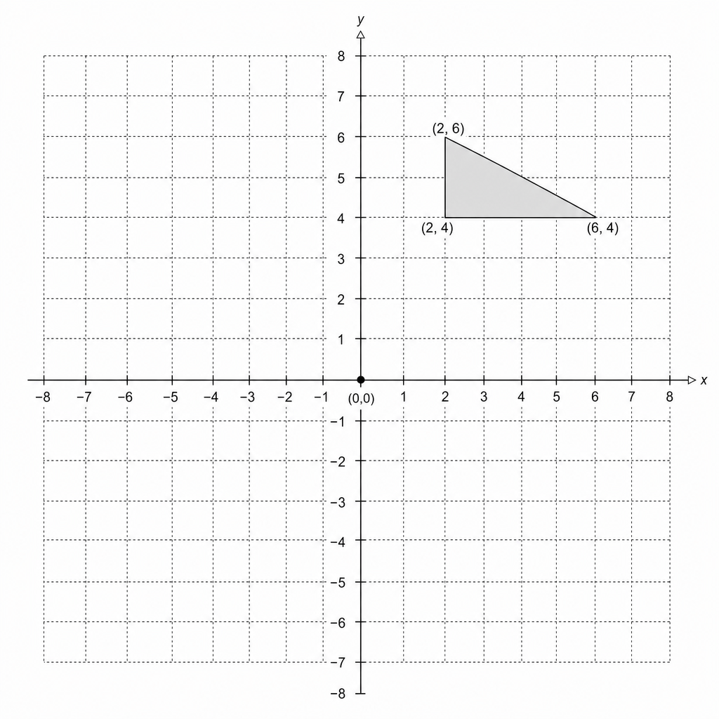 A coordinate grid with x and y axes ranging from -8 to 8. A shaded right-angled triangle is plotted with vertices at (2, 4), (2, 6), and (6, 4).