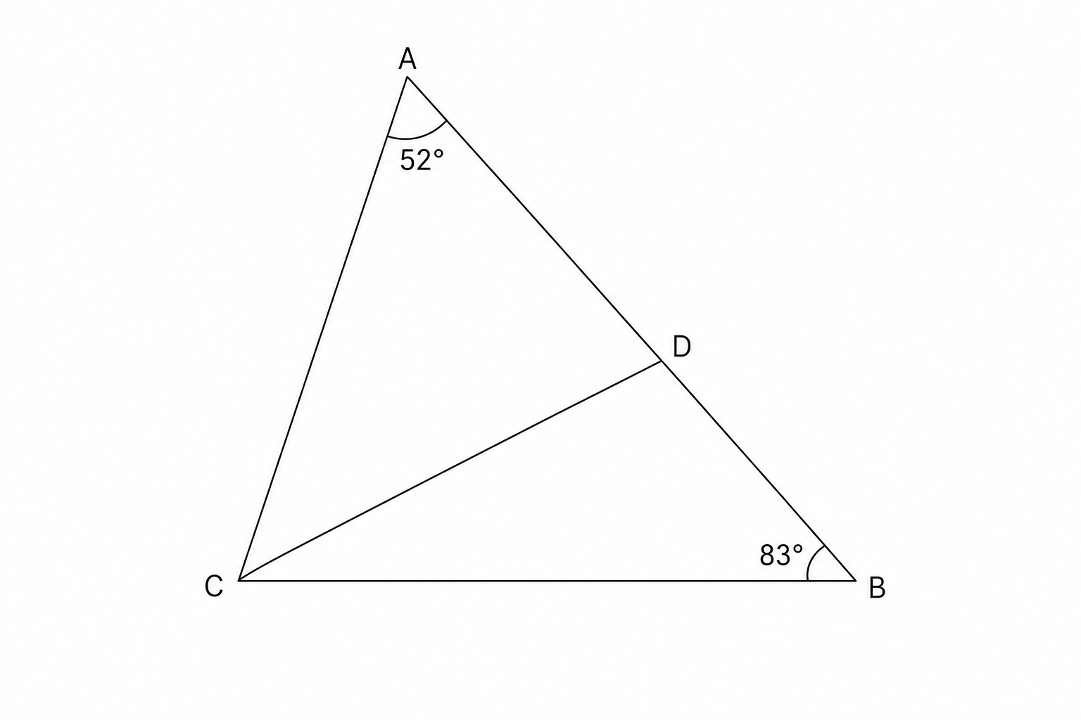 Diagram of triangle ABC with point D on side AB. Angle B is 83 degrees, angle A is 52 degrees.