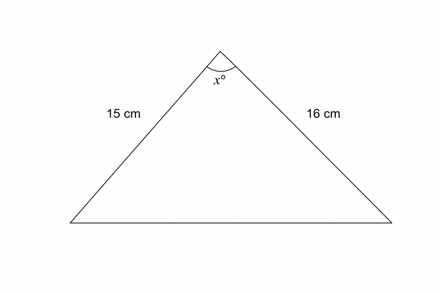 A triangle with two sides of length 15 cm and 16 cm, and an included angle of x degrees.