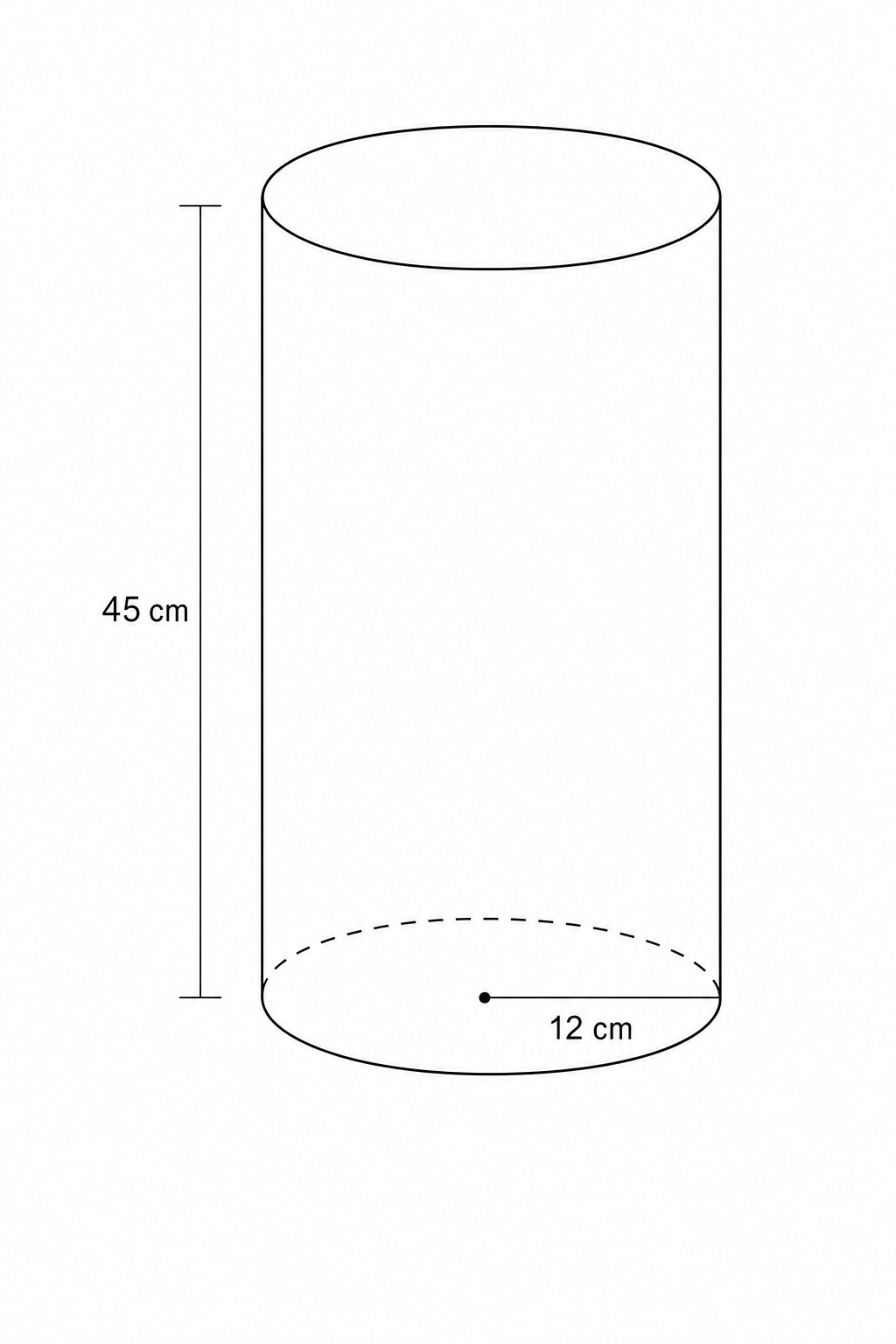 Diagram of a cylinder with radius 12 cm and height 45 cm.