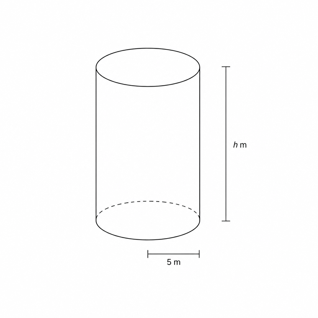 Diagram of a solid cylinder with radius 5 m and height h m.