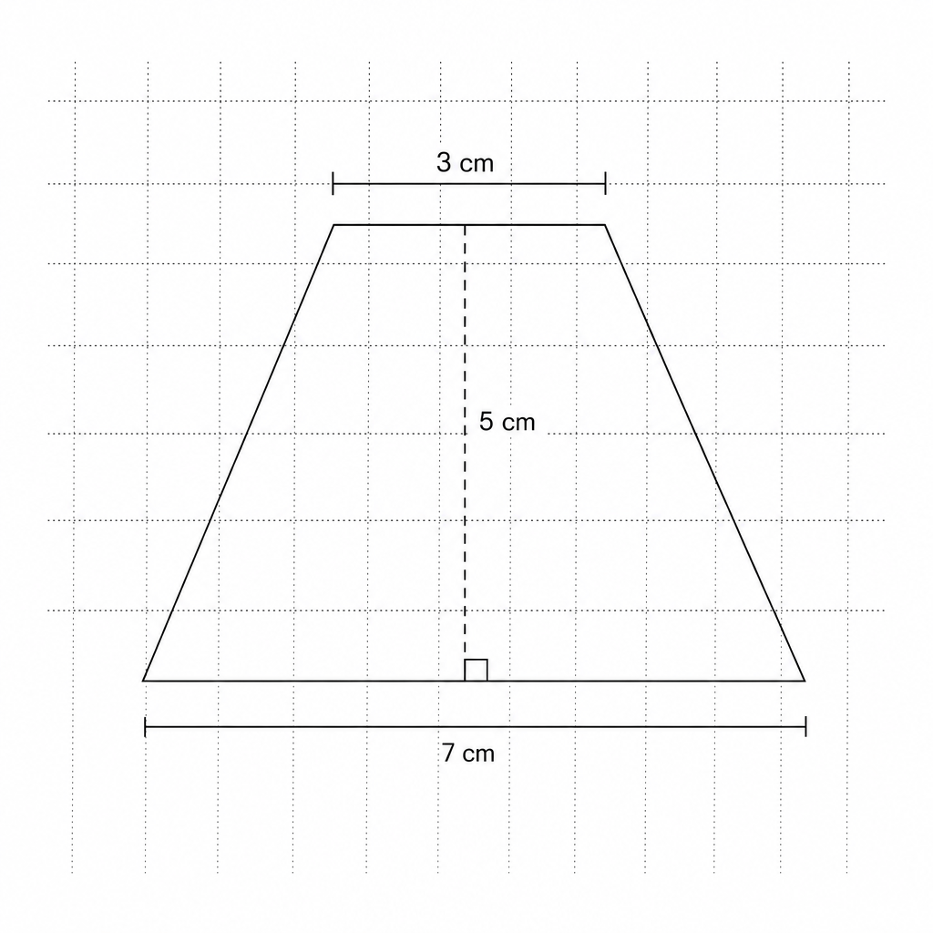 A trapezium on a centimetre grid with parallel sides of length 3 cm and 7 cm, and a perpendicular height of 5 cm.