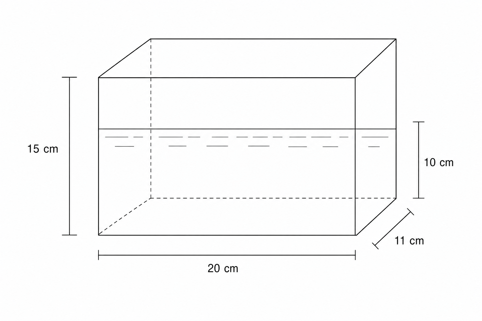 Diagram of a rectangular container with dimensions 20 cm (length), 11 cm (width), and 15 cm (height).