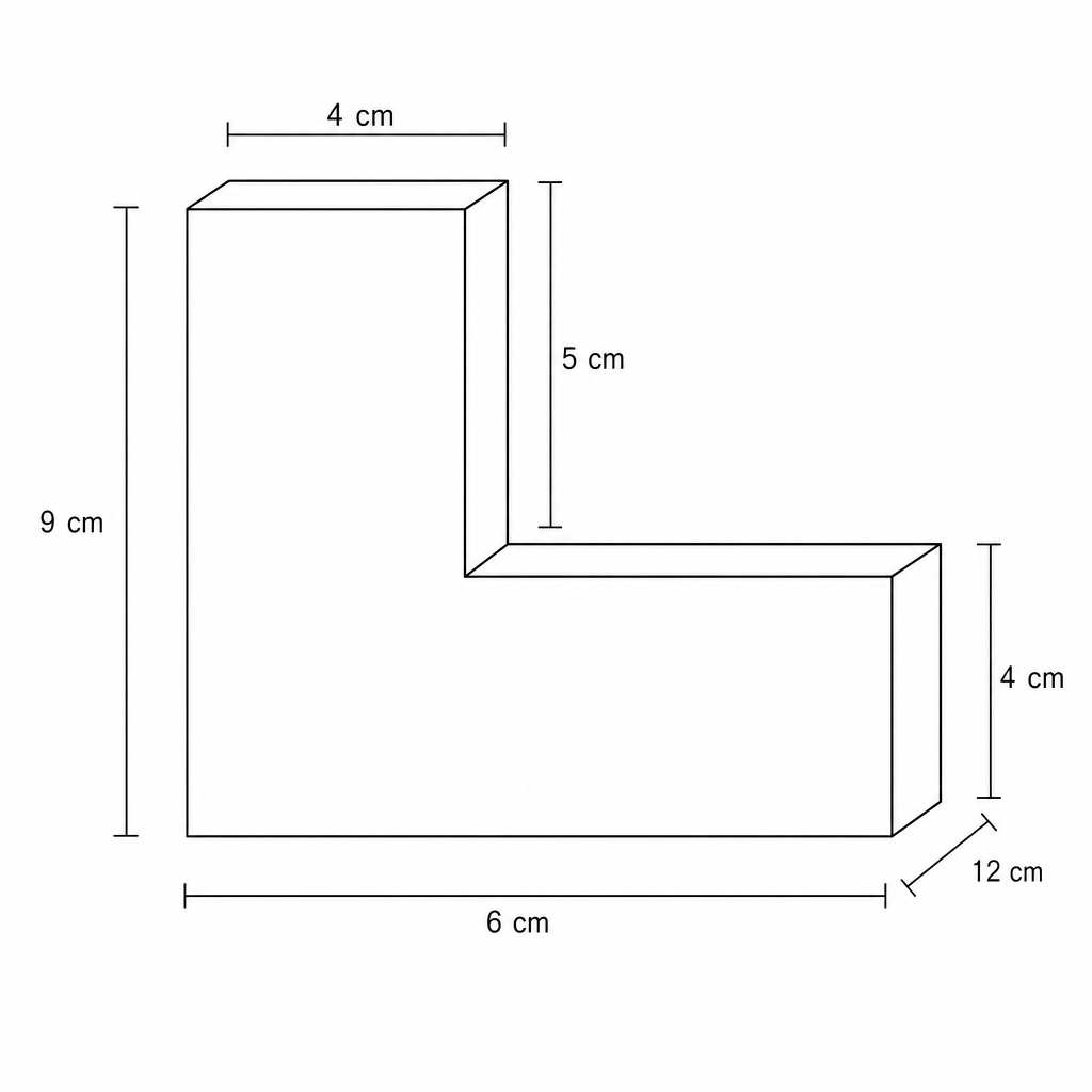 An L-shaped prism. The L-shaped face has a base of 6 cm and a total height of 9 cm. The top horizontal part of the L is 4 cm wide. The vertical part on the right steps down by 5 cm to a height of 4 cm. The depth of the prism is 12 cm.