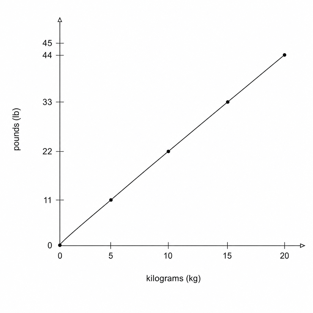 A line graph showing the conversion between kilograms and pounds.