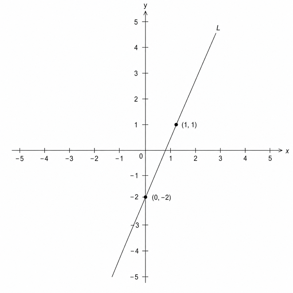 A coordinate grid with x and y axes ranging from -5 to 5. A line L is drawn passing through the points (0, -2) and (1, 1).