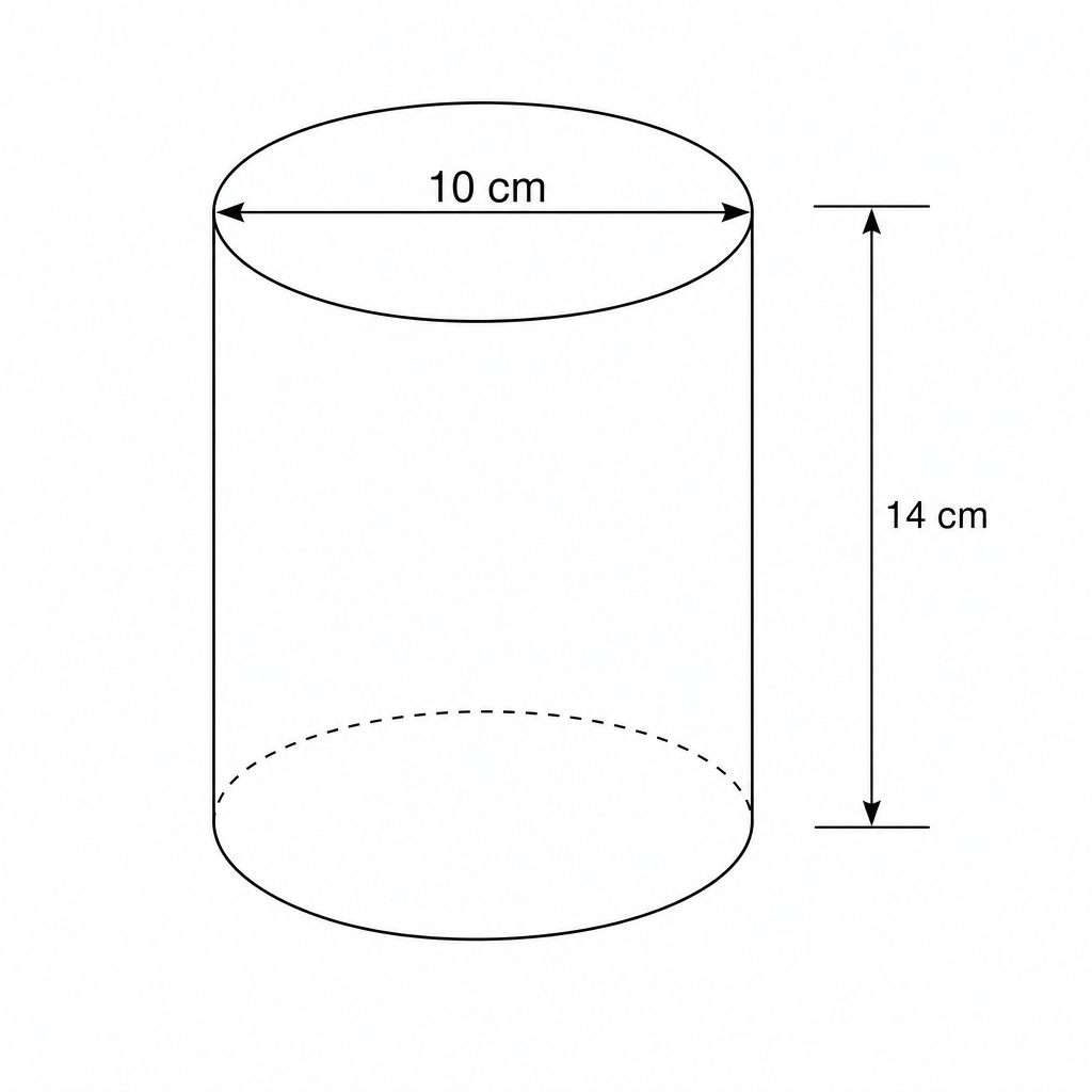 Diagram of a cylinder with diameter 10 cm and height 14 cm.