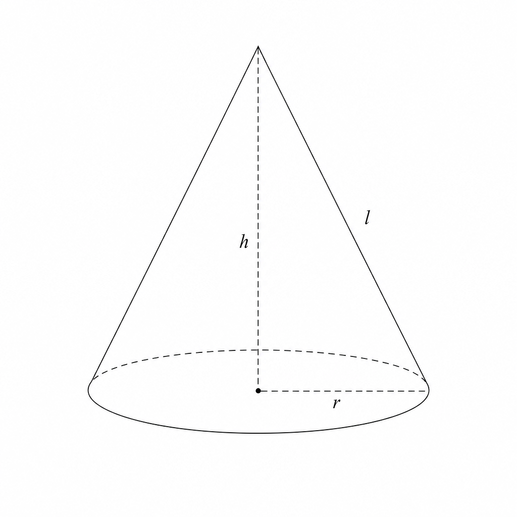 Diagram of a cone showing slant height l, height h, and radius r.