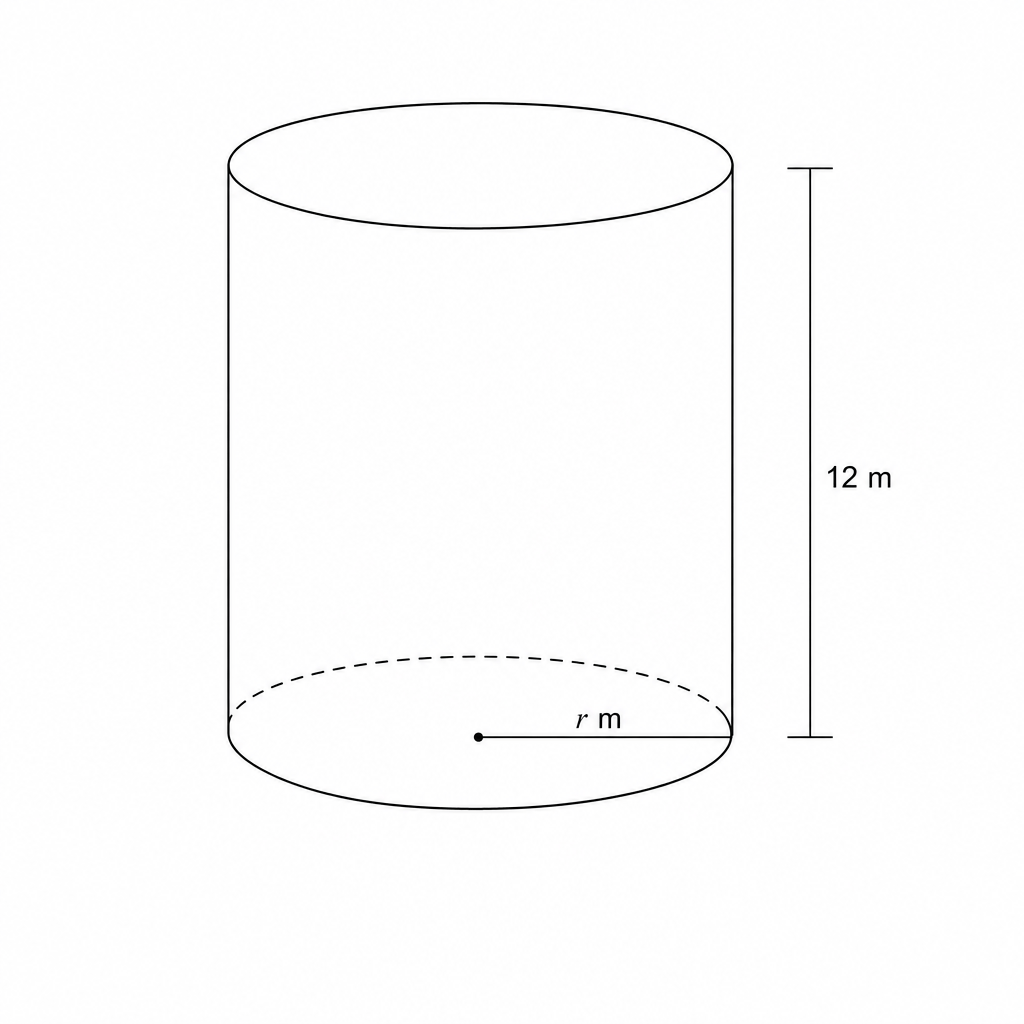 Diagram of a solid cylinder with radius r m and height 12 m.