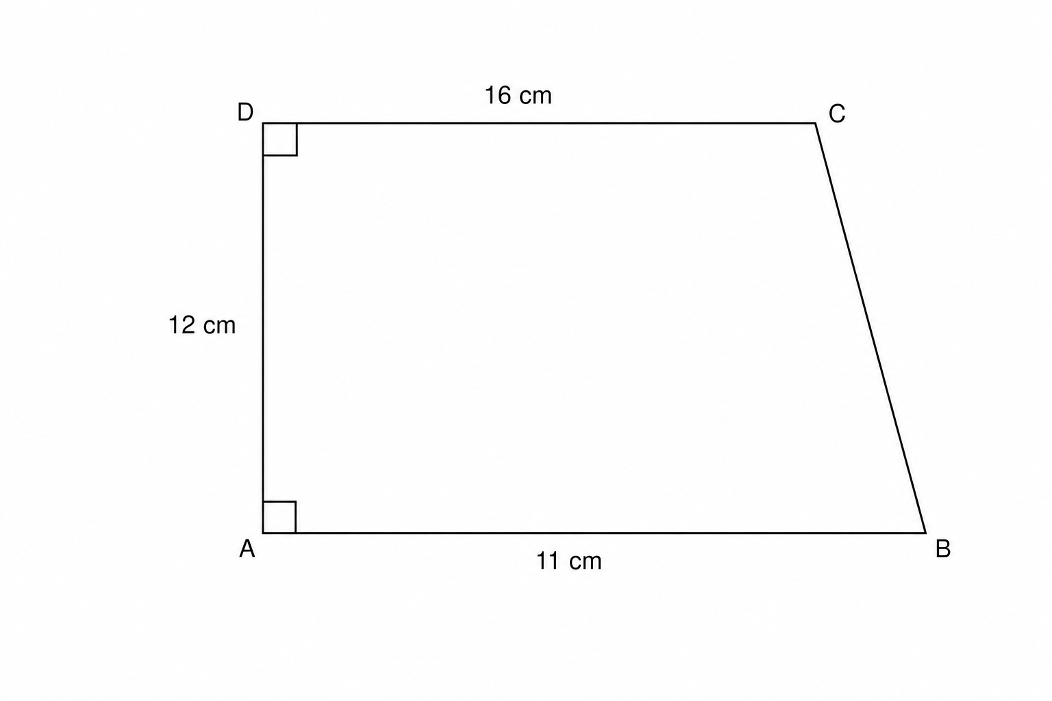 Diagram of a right-angled trapezium ABCD with side AB = 11 cm, side AD = 12 cm, and side DC = 16 cm.