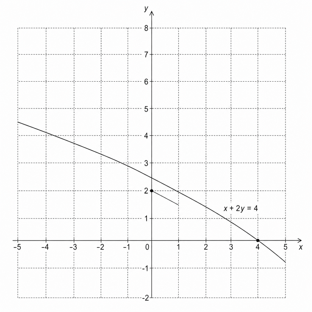 A coordinate grid with x and y axes. A straight line is plotted passing through (0, 2) and (4, 0).