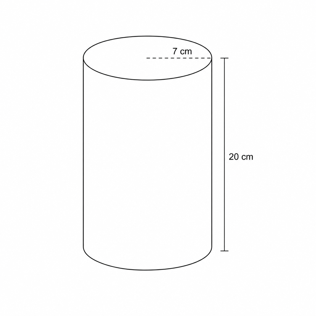 Diagram of a cylinder representing a rod with radius 7 cm and height 20 cm.