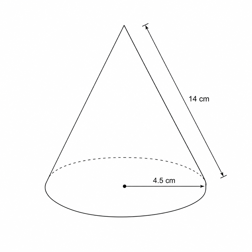Diagram of a solid cone with slant height 14 cm and base radius 4.5 cm.