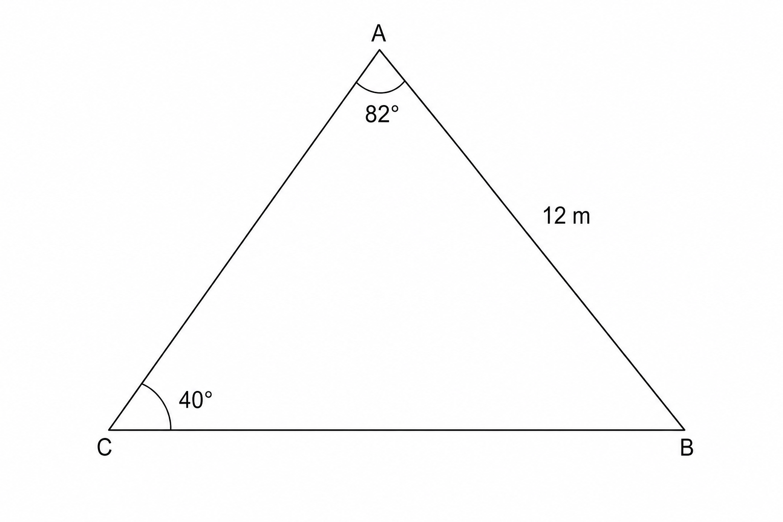A triangle ABC with vertex A at the top, C at the bottom left, and B at the bottom right. The interior angle at A is 82 degrees, and the interior angle at C is 40 degrees. The side length AB is 12 m.