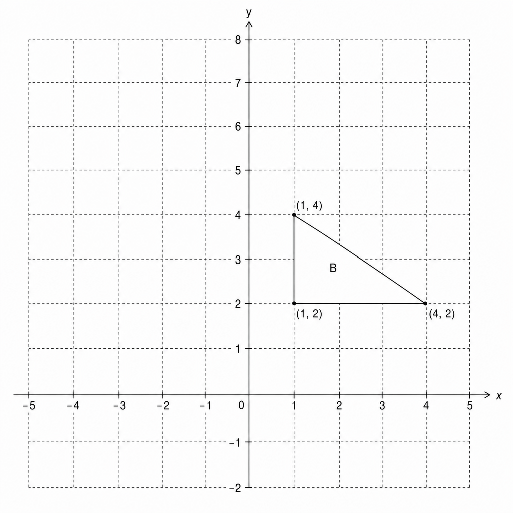 A coordinate grid with x-axis from -5 to 5 and y-axis from -2 to 8. A right-angled triangle labeled 'B' is plotted in the first quadrant.