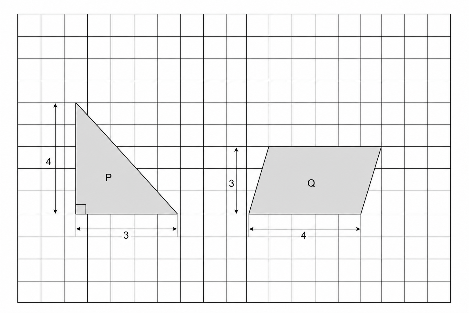 A centimetre grid showing two shaded shapes, P and Q.