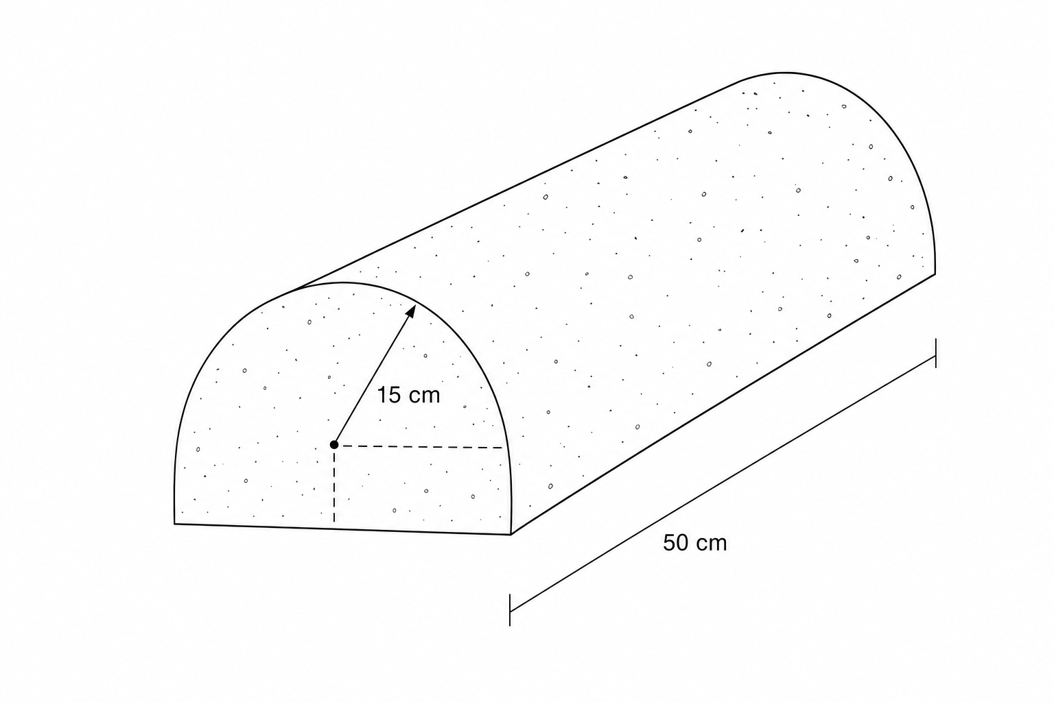 Diagram of a semi-cylinder with radius 15 cm and length 50 cm.