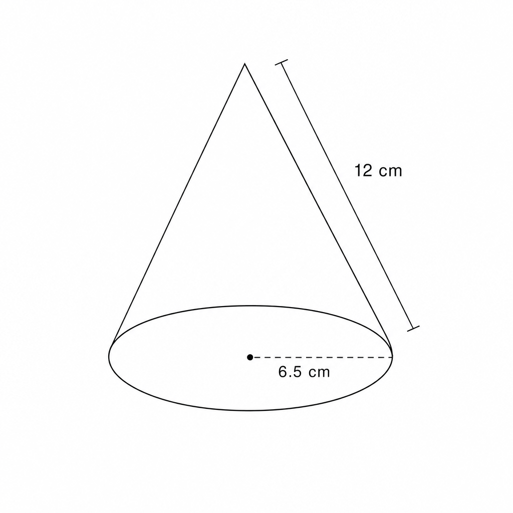 Diagram of a solid cone with slant height 12 cm and base radius 6.5 cm.