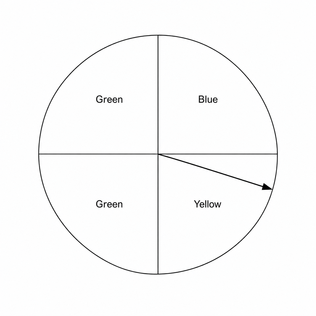 A fair 4-sided spinner in the shape of a circle, divided into four equal quadrants. One quadrant is Blue, one is Yellow, and two are Green. A black line representing a pointer passes through the center.