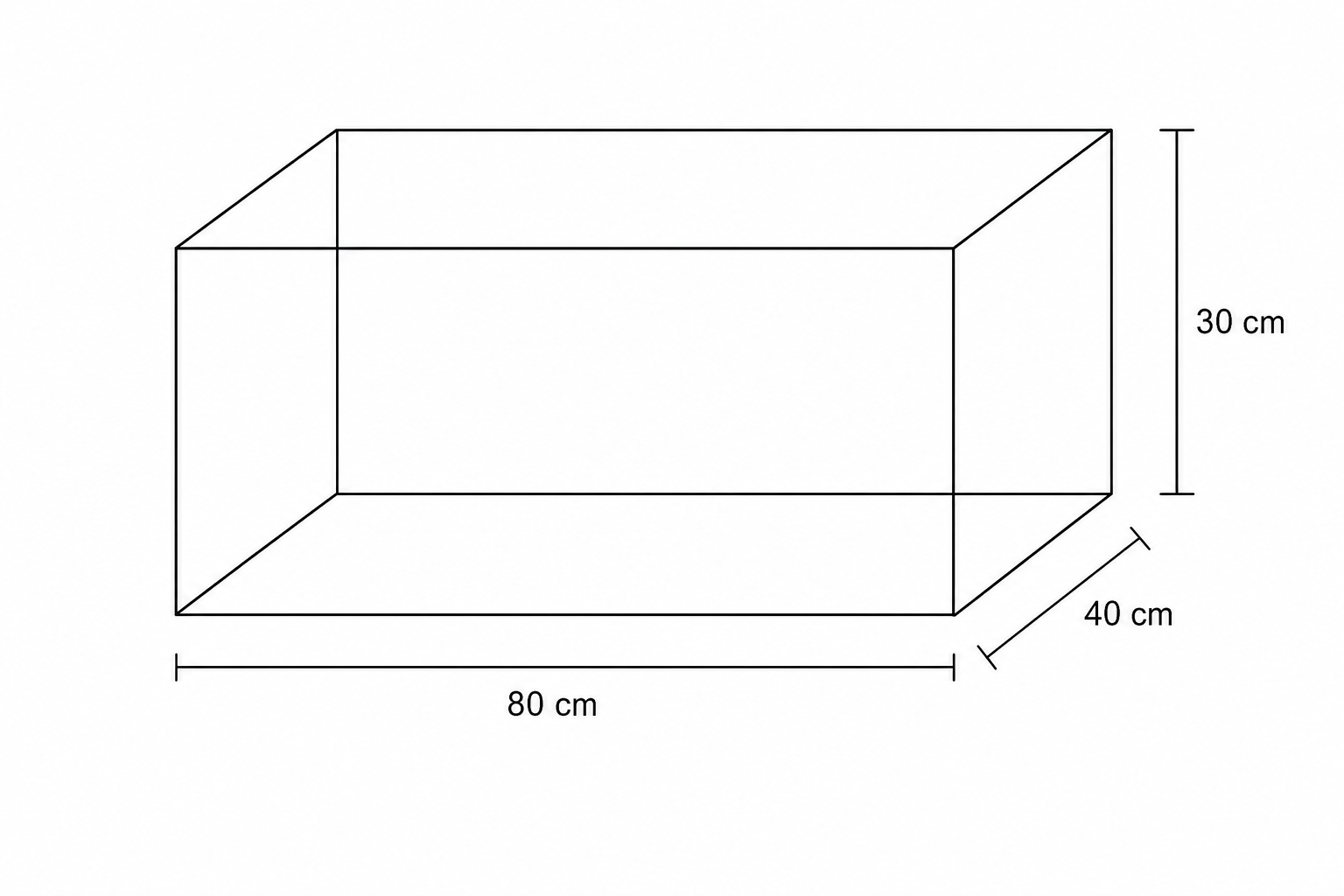 Diagram of a fish tank with dimensions 80 cm length, 40 cm width, and 30 cm height.