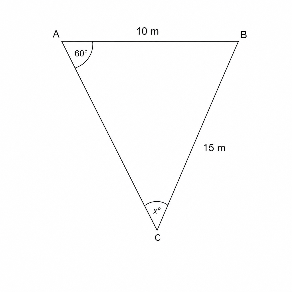 A triangle with a top side of 10 m and a right side of 15 m. The angle at the top-left vertex is labeled 60°. The interior angle at the bottom vertex is labeled x°.