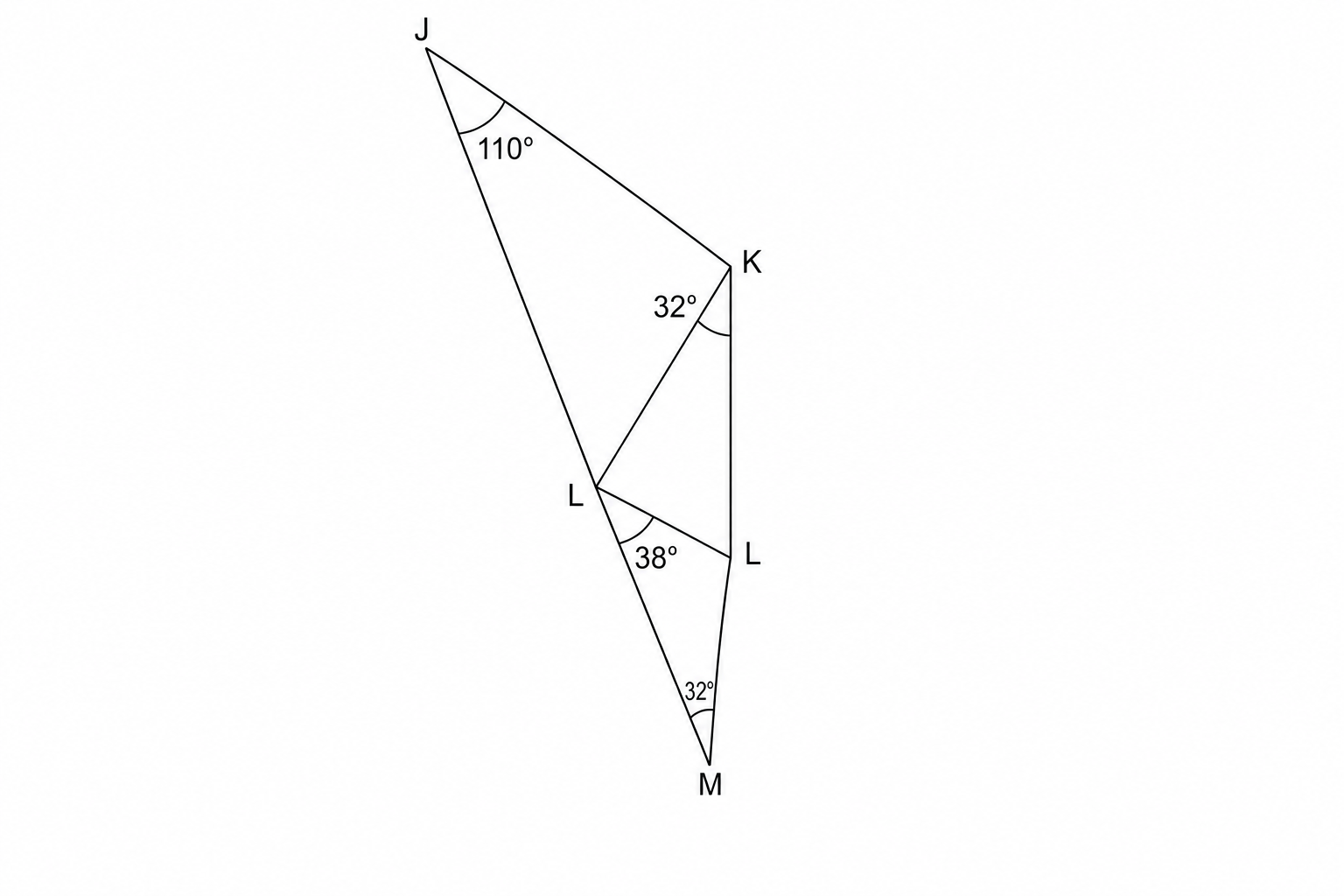 Diagram showing two triangles, JKL and LKM, sharing a common side KL. In triangle JKL, angle J is 110 degrees and angle JKL is 32 degrees. In triangle LMK, angle LMK is 32 degrees and angle MLK is 38 degrees.