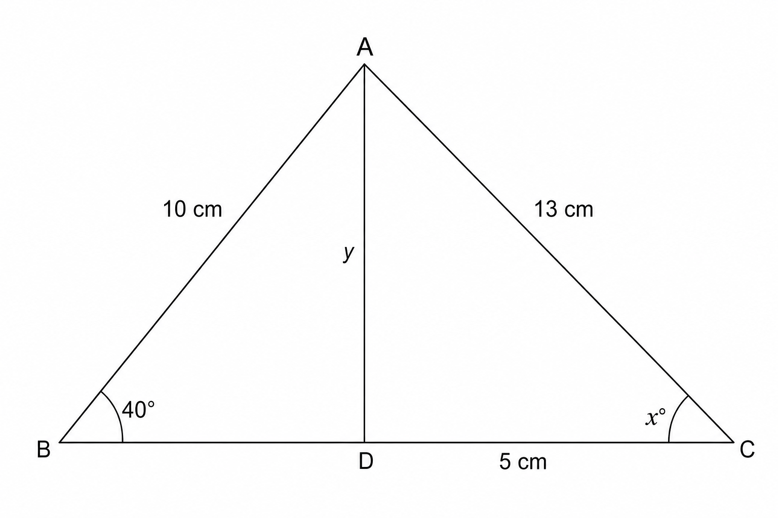 A right-angled triangle with a vertical height of 10 cm, a base of 5 cm, and a hypotenuse of 13 cm. The angle at the top vertex is 40 degrees, and the angle at the bottom right vertex is x degrees.
