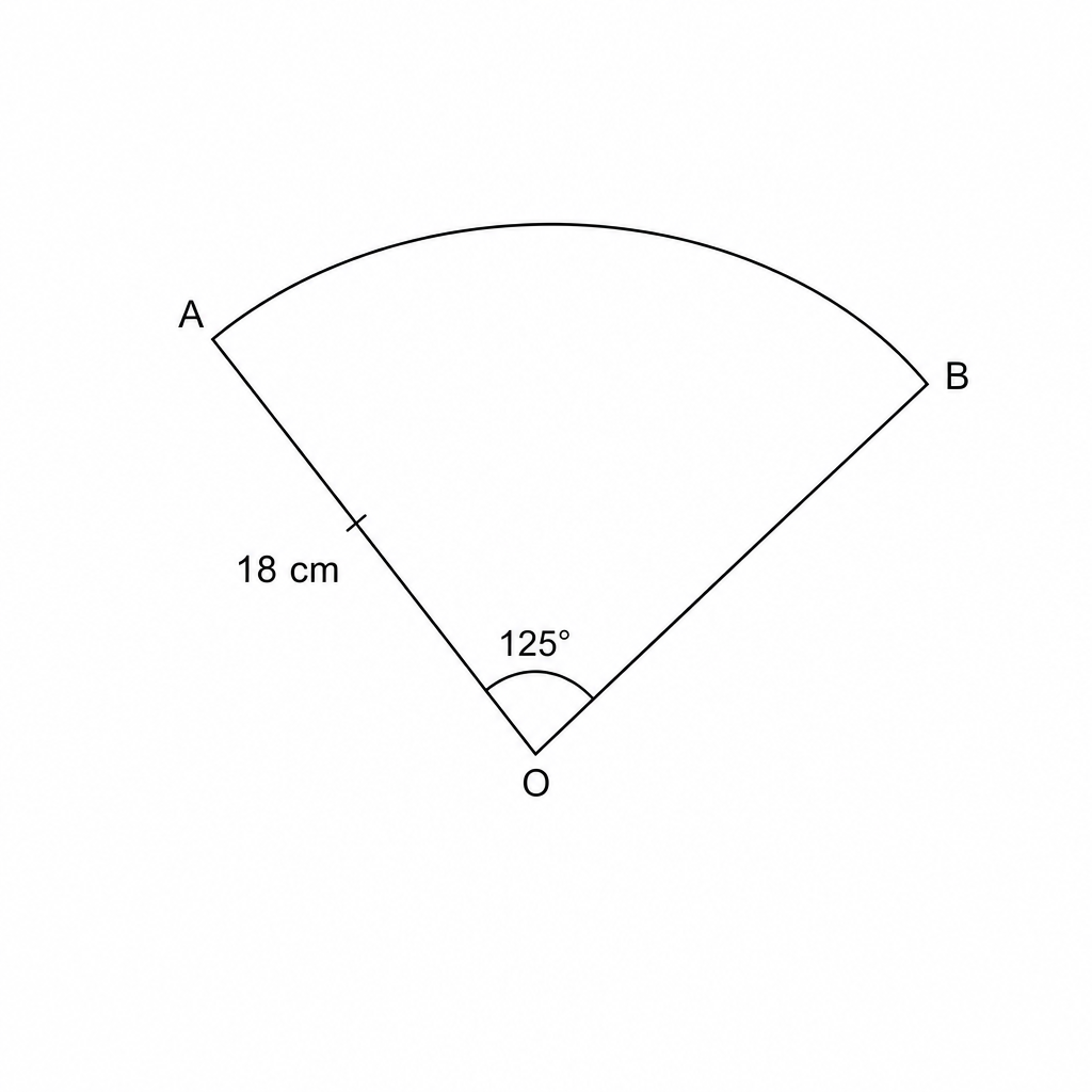 Diagram of a sector AOB with center O, radius 18 cm, and central angle 125 degrees.