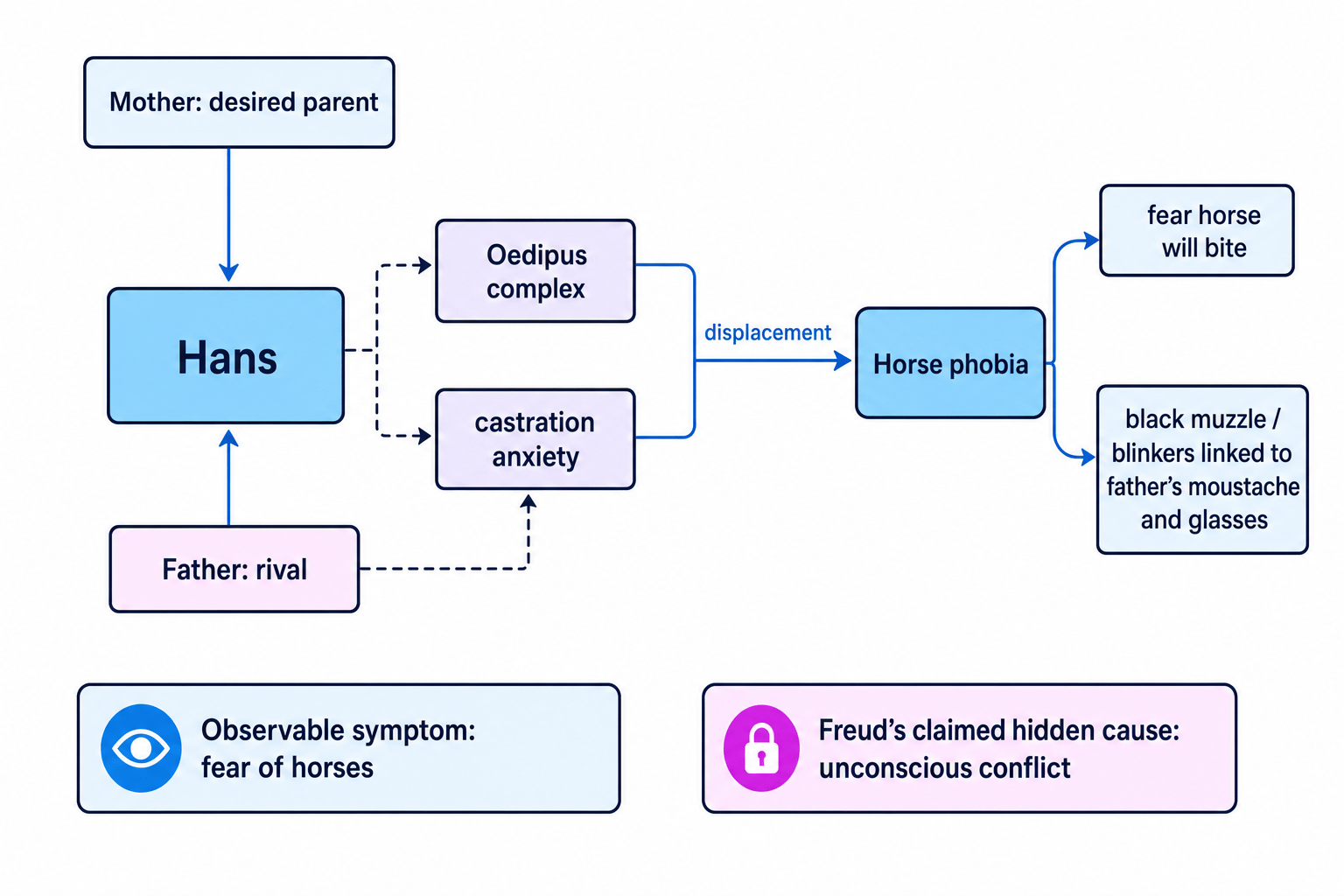 Flowchart showing Hans, mother as desired parent, father as rival, Oedipus complex and castration anxiety leading by displacement to horse phobia, with callouts fear horse will bite and black muzzle and blinkers linked to the father's moustache and glasses